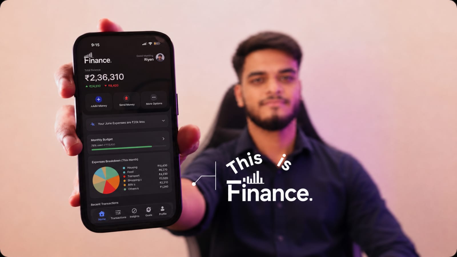 Finance Tracker app preview showing the mobile dashboard, balances, budget progress, expense chart, and recent transactions